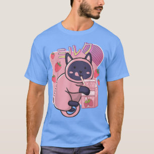 Camiseta Gracioso Gato Kawaii Leche De Fresa Sacude Japonés