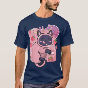 Camiseta Gracioso Gato Kawaii Leche De Fresa Sacude Japonés