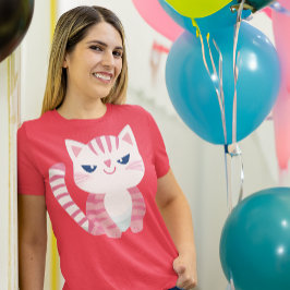 Camiseta Gracioso Gato Kitty Rosa Con Sonrisa Contentada