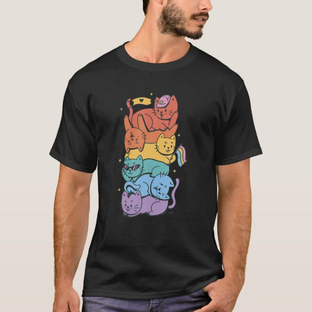 Camiseta Gracioso Gato LGBT Stack Rainbow Gay Pride Regalo  (Anverso)