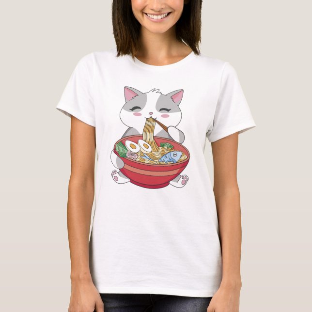Camiseta Gracioso gato lindo comiendo Ramen (Anverso)