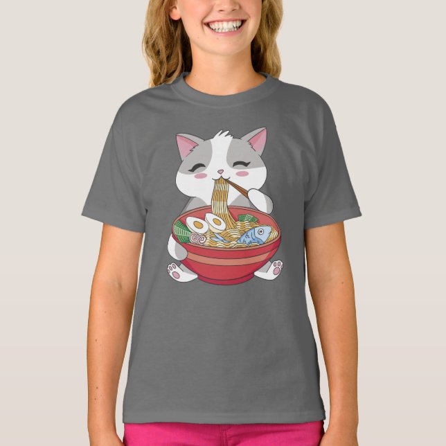 Camiseta Gracioso gato lindo comiendo Ramen (Anverso)