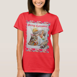 Camiseta Gracioso Gato Merry gata Navidades Rojas Mujeres T