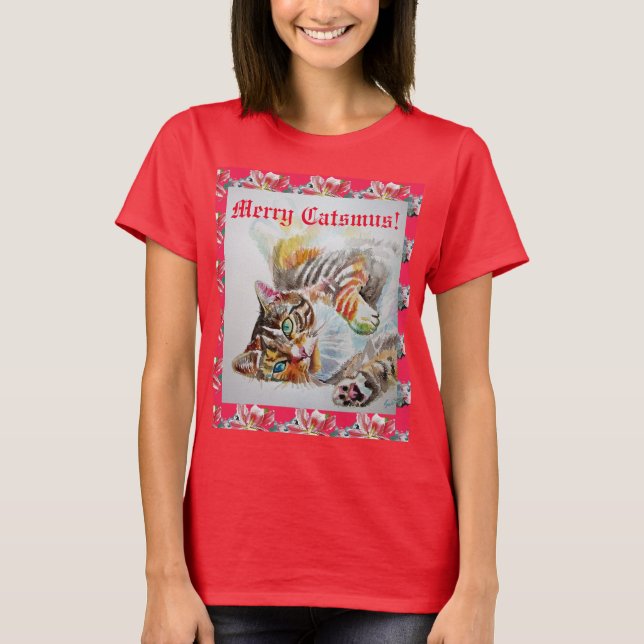 Camiseta Gracioso Gato Merry gata Navidades Rojas Mujeres T (Anverso)