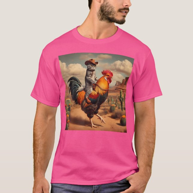 Camiseta Gracioso gato montando gallo en Rodeo Rodeo Gato e (Anverso)