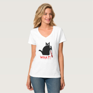 Camiseta Gracioso Gato Negro Asesino ¿Qué? Sujetando cuchil