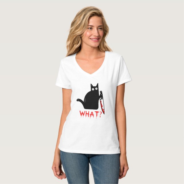 Camiseta Gracioso Gato Negro Asesino ¿Qué? Sujetando cuchil (Anverso completo)