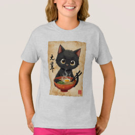 Camiseta Gracioso gato negro comiendo Ramen Cute japonés Ka