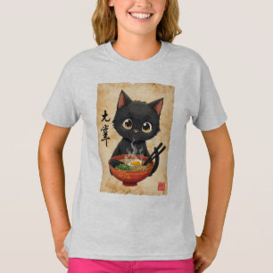 Camiseta Gracioso gato negro comiendo Ramen Cute japonés Ka