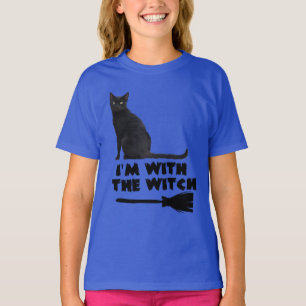 Camiseta Gracioso Gato Negro Con La Bruja De Halloween 