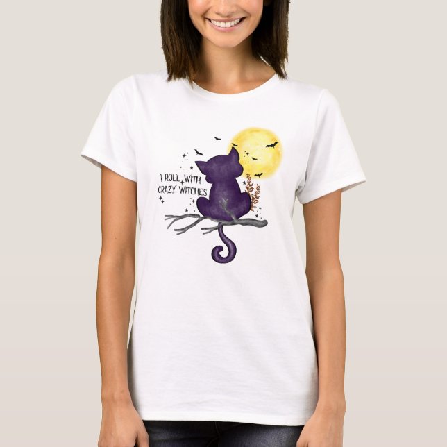 Camiseta Gracioso gato negro de Halloween y luna mágica (Anverso)