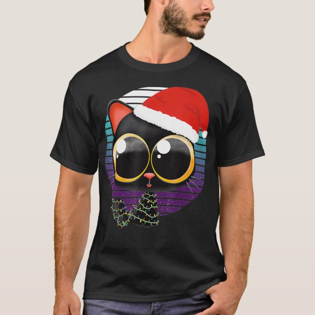 Camiseta Gracioso Gato Negro Envuelto En Luces De Navidades (Anverso)