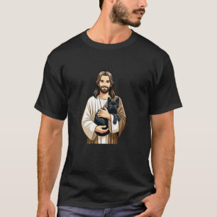 Camiseta Gracioso Gato Negro Jesucristo Dios Hombres Mujere