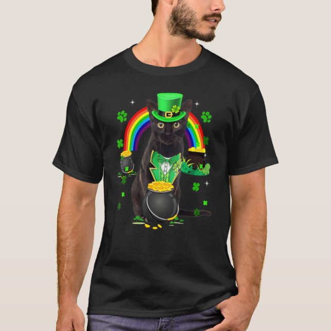 Camiseta Gracioso gato negro Leprechaun Shamrock St. Patric (Anverso)