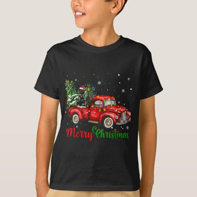 Camiseta Gracioso gato negro montando camioneta roja árbol  (Anverso)