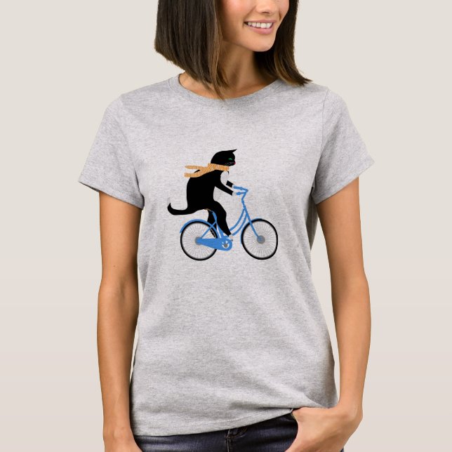 Camiseta Gracioso Gato Negro Montando Una Bicicleta (Anverso)