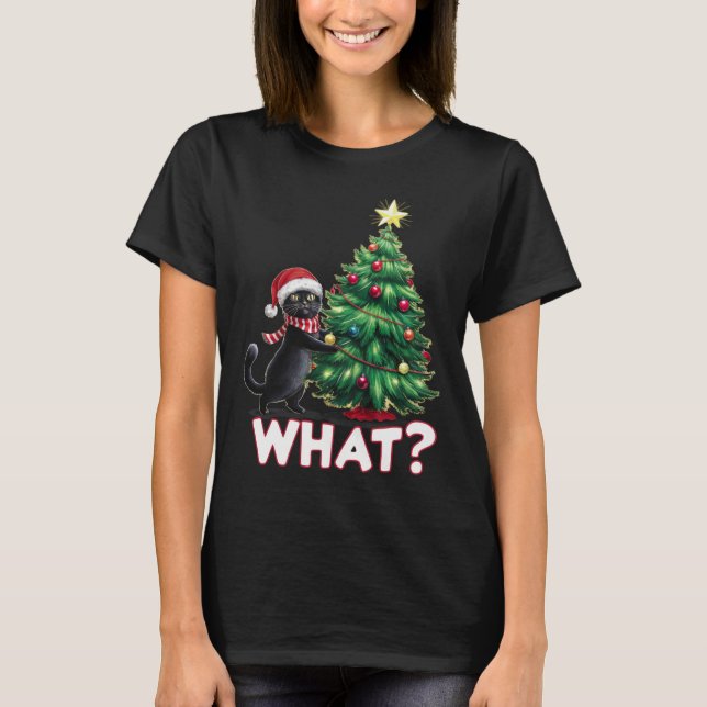 Camiseta Gracioso gato negro qué es el árbol de Navidad (Anverso)