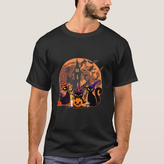 Camiseta Gracioso gato negro y calabazas nocturnas de la lu (Anverso)