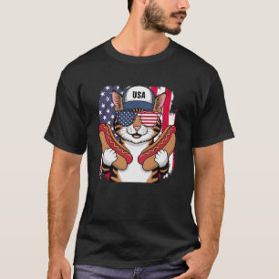 Camiseta Gracioso gato patriótico Hotdog Bandera estadounid