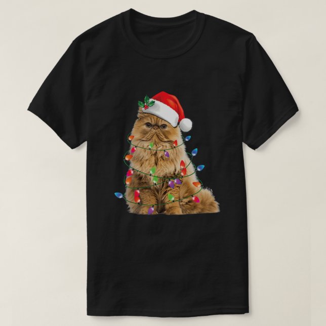 Camiseta Gracioso gato persa enciende gato de Navidad (Diseño del anverso)