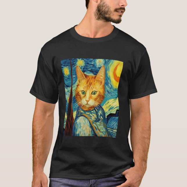 Camiseta Gracioso gato pintura arte Cat Lover Starry Night  (Anverso)