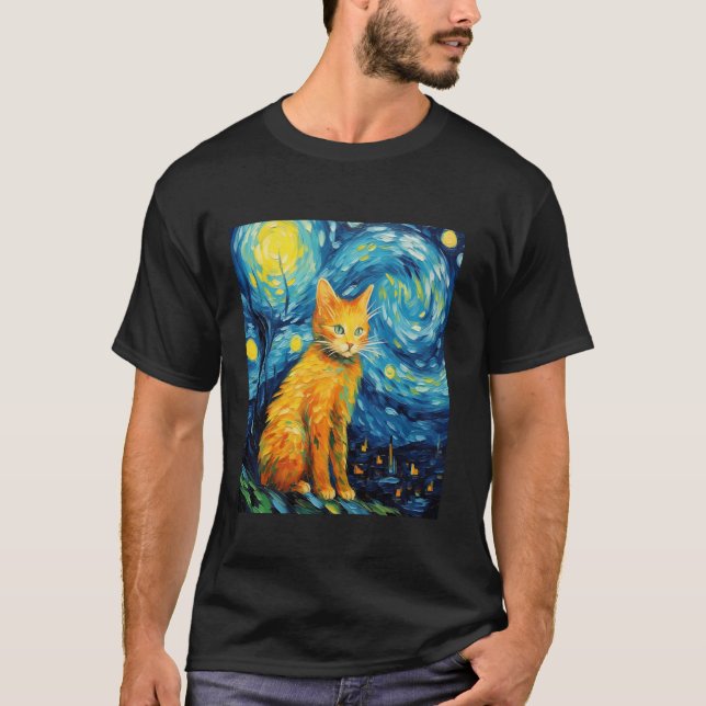 Camiseta Gracioso gato pintura arte Cat Lover Starry Night  (Anverso)