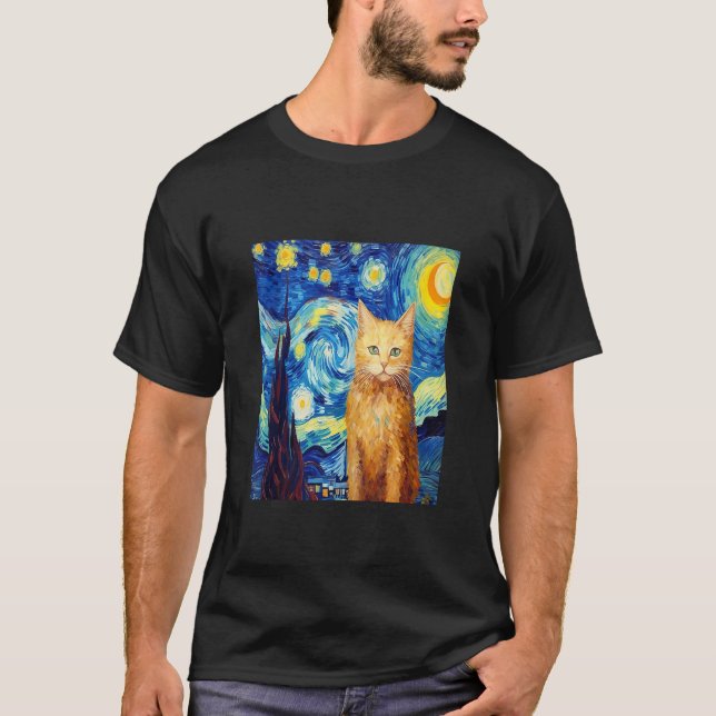 Camiseta Gracioso gato pintura arte Cat Lover Starry Night  (Anverso)