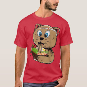 Camiseta Gracioso gato Ramen Kawaii comiendo fideos japones