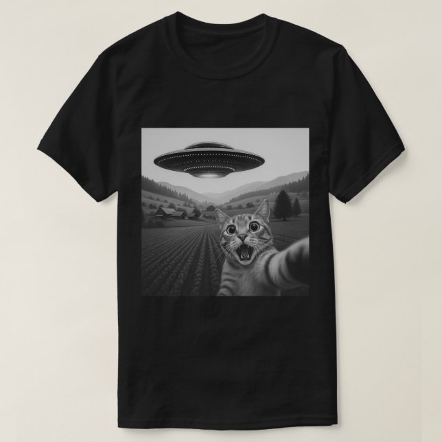 Camiseta Gracioso gato selfie con OVNI, nave espacial alien (Diseño del anverso)