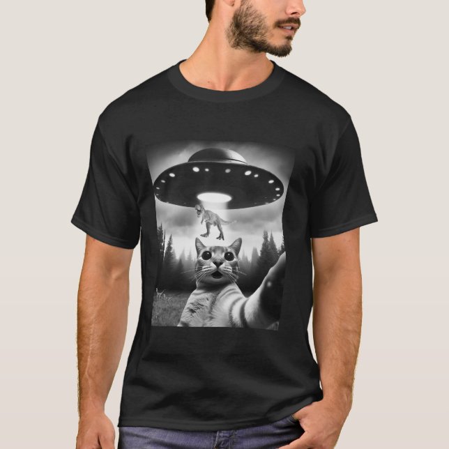 Camiseta Gracioso gato Selfie volando OVNI alienígena secue (Anverso)
