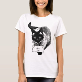 Camiseta Gracioso gato siamés sosteniendo el Rótulo "Te amo