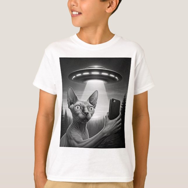 Camiseta Gracioso gato Sphynx Selfie Ufo Alien Area51 Niño (Anverso)