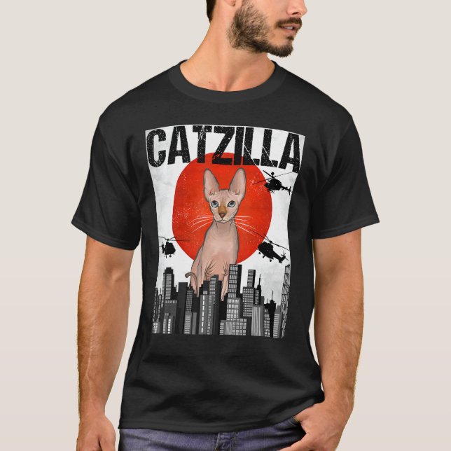 Camiseta Gracioso gato vintage japonés Catzilla Sphynx (Anverso)