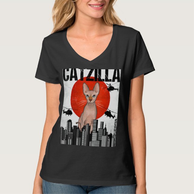 Camiseta Gracioso gato vintage japonés Catzilla Sphynx (Anverso)