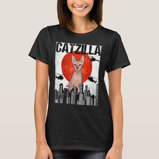 Camiseta Gracioso gato vintage japonés Catzilla Sphynx (Anverso)