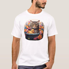 Camiseta Gracioso Gato Y Pato En Una Cesta Con Flores