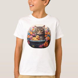 Camiseta Gracioso Gato Y Pato En Una Cesta Con Flores