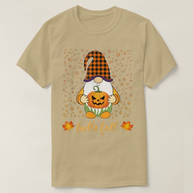 Camiseta Gracioso Gnome Cute Holding Calabaza Otoño Hola Ca (Diseño del anverso)