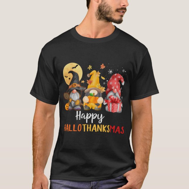 Camiseta Gracioso Gnomes Feliz Hallothanksmas Otoño (Anverso)