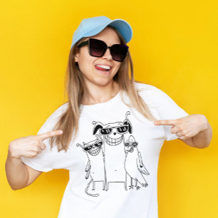 Camiseta Gracioso Grinning Gang Dog Cat Parrot Characters