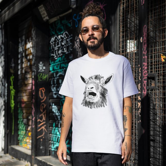 Camiseta Gracioso grito de cabra dibujando extravagante art (screaming goat funny cool black and white sketch drawing T-shirt by artist Catherine Sweetman )