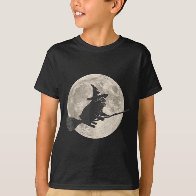Camiseta Gracioso Halloween Bruja Pug Moon Trick or Trek So (Anverso)