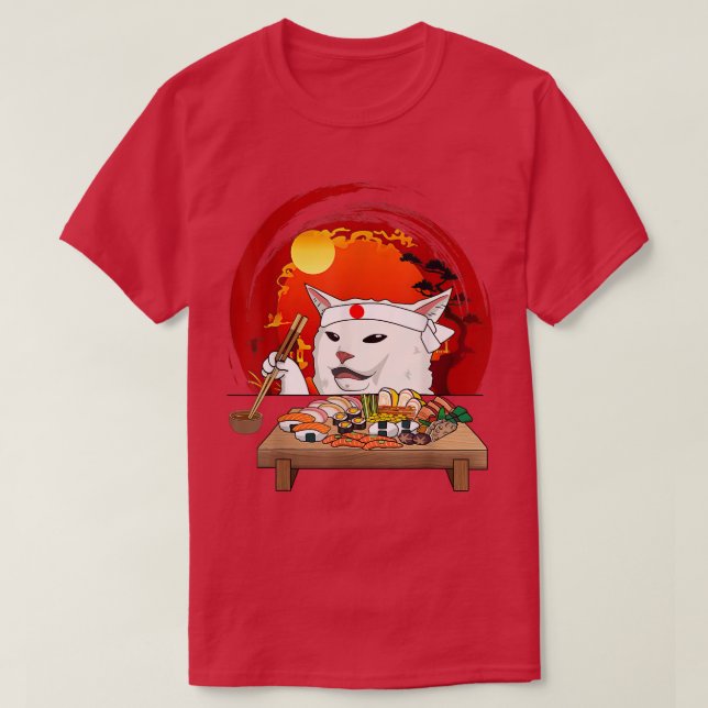 Camiseta Gracioso meme de gato blanco comiendo sushi Kawaii (Diseño del anverso)
