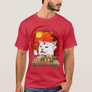 Camiseta Gracioso meme de gato blanco comiendo sushi Kawaii