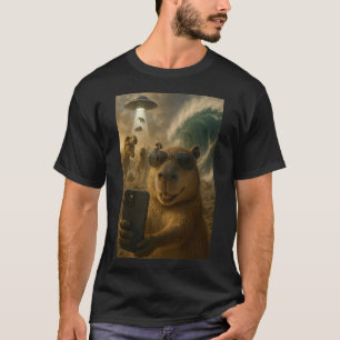 Camiseta Gracioso meme de selfie capibara con dinosaurios
