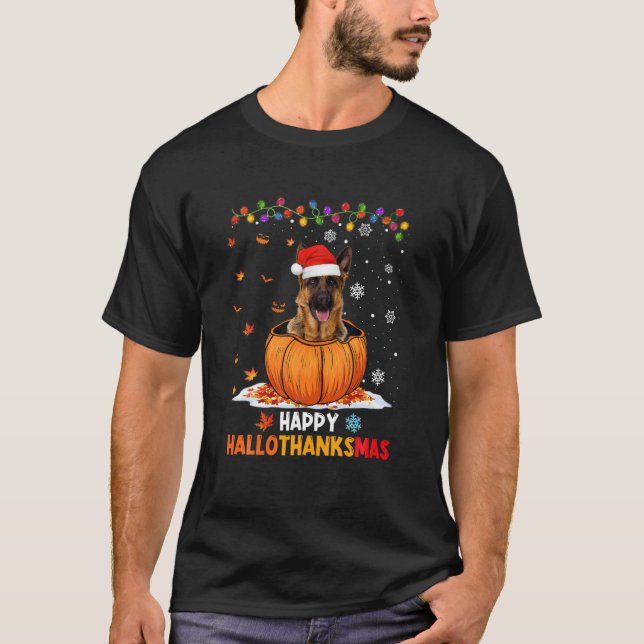 Camiseta Gracioso Pastor Alemán En La Calabaza Feliz Hallog (Anverso)