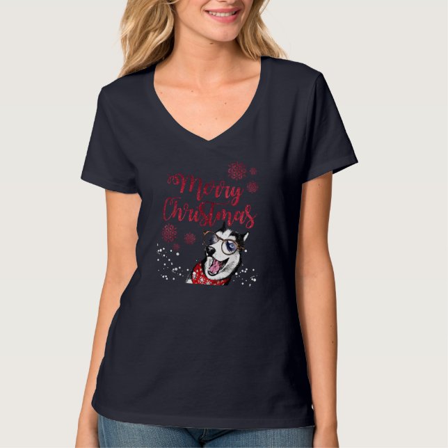 Camiseta Gracioso perro Husky Feo Navidad Feliz Navidad (Anverso)