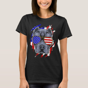 Camiseta Gracioso Pitbull Con Bandera Americana Gafas De So