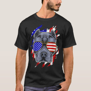Camiseta Gracioso Pitbull Con Bandera Americana Gafas De So