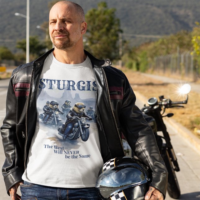 Camiseta Gracioso Prairie Perro Biker Gang Humor Occidental (man wearing leather jacket, Sturgis funny prairie dog biker gang t-shirt, holding motorcycle helmet)